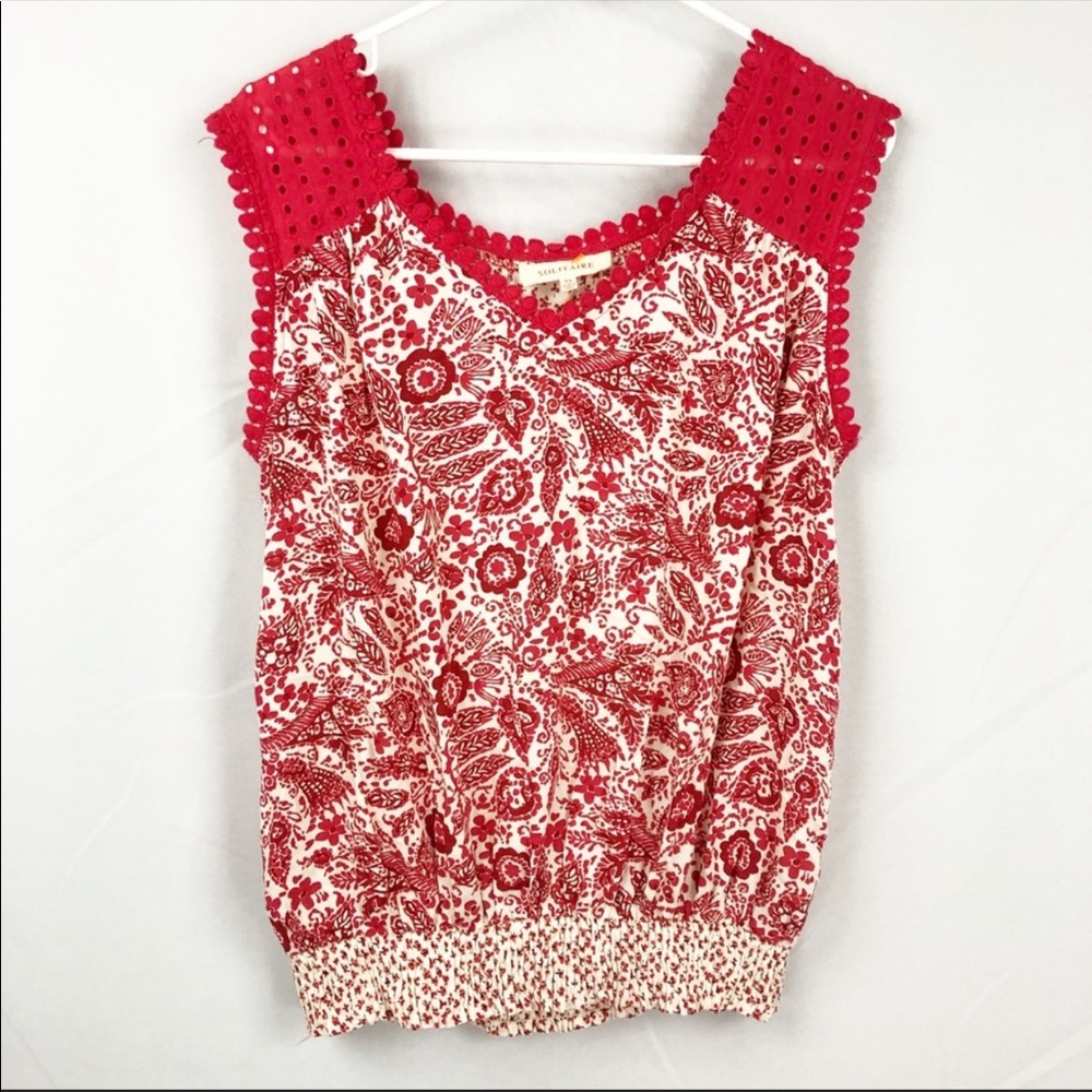 Anthropologie Red Floral Solitaire Top